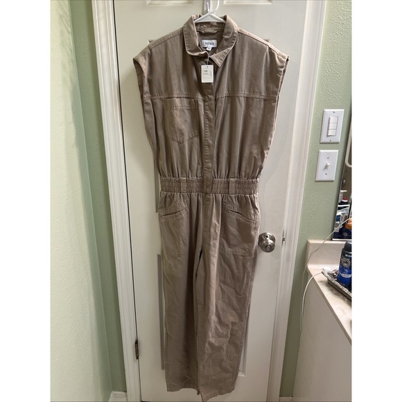 Pistola Rosie Jumpsuit Sesame Khaki Sz Med NWT Shoulder Pads Romper Long Pants - Picture 1 of 8